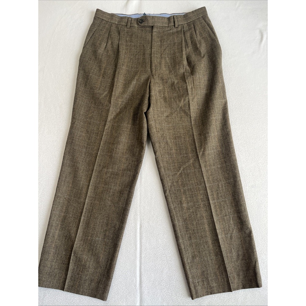 Orvis Mens 34x27 Plaid Wool Cashmere Brown Pleated Trouser Slacks R51010